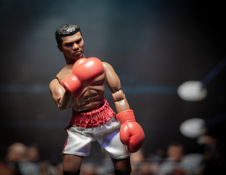 NEW YORK USA, 2 JULY 2018: Recreation of a scene of Muhammad Ali vs Sonny Liston in their controversial 1965 boxing match. Mego Legend's series action figure

