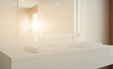 Naklejka na ściany i meble Scandinavian bathroom, classic vintage interior design. 3D rendering.. Sunset.