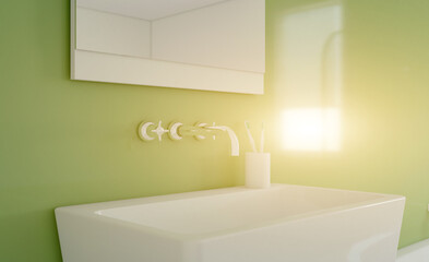 Sunset.. Modern bathroom including bath and sink. 3D rendering.
