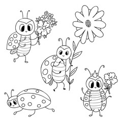 Collection cute ladybug. Funny small insect with flower. Vector illustration. Outline drawing. Isolated doodles ladybird for design, decor, kids collection, coloring book.