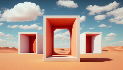 Surreal Desert Landscape, White Clouds and Orange Square portals, Sunny day. Modern minimal abstract background, 3D Render, Created with Generative AI