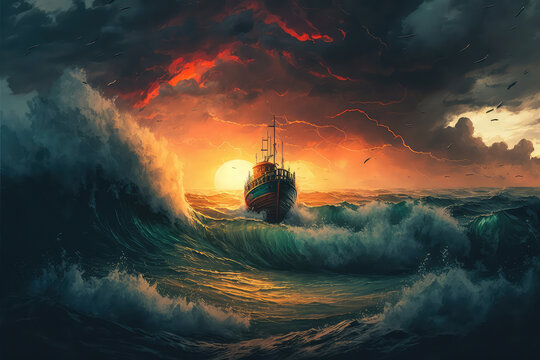illustration painting Pirate ship navigating during a storm. Thunder, rain big waves on the ocean. Black boat setting sails on rough water, sea. Digital artwork, painting. (ai generated)