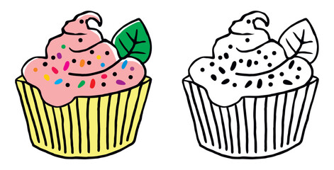 Słodka babeczka z różowym kremem, listkiem mięty i kolorową posypką. Rysunek odręczny, ilustracja wektorowa. Smaczne kremowe ciastko w papierowym kubeczku.