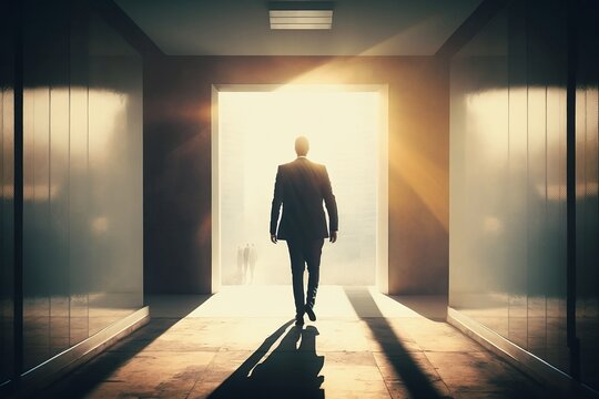 Businessman walking through the doorway, an open door filled with sunlight, enter the positive world.