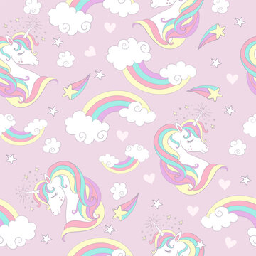 Seamless pattern with unicorns and magic elements vector