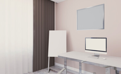 Fototapeta na wymiar Open space office interior with like conference room. Mockup. 3D rendering. Open space office interior with like conference room. Mockup. 3D rendering.. Blank paintings. Mockup.