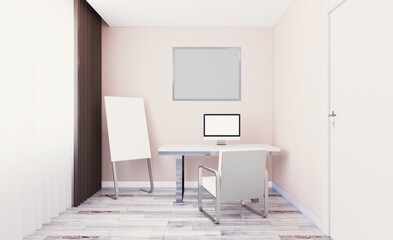 Open space office interior with like conference room. Mockup. 3D rendering.  Open space office interior with like conference room. Mockup. 3D rendering.. Blank paintings.  Mockup.