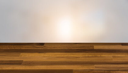 Clean and fresh bathroom with natural light. 3D rendering.. Sunset., Background with empty wooden table. Flooring.