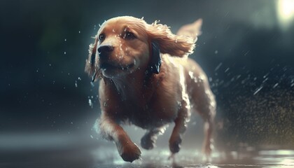 Dog running outdoor in rainy season, Generative AI
