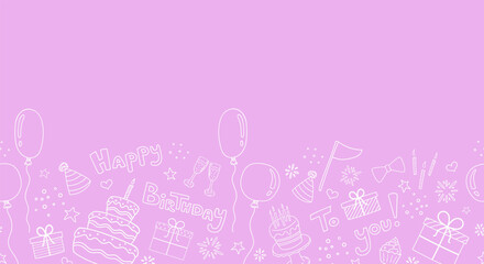 Horizontal doodle pattern with birthday elements: cake, candles, garland, gifts, confetti, greeting text, glasses, hats. Vector image 