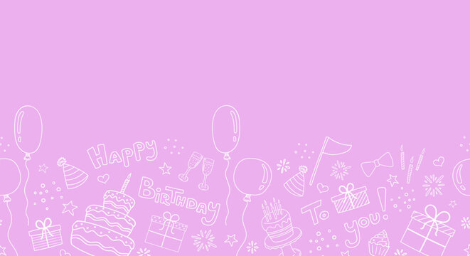 Horizontal doodle pattern with birthday elements: cake, candles, garland, gifts, confetti, greeting text, glasses, hats. Vector image 