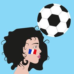 A brunette girl with the flag of France on her cheek, a football fan on the background of a soccer ball. Vector illustration