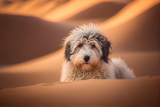 a shaggy dog in the Sahara Desert, Aussiedoodle
