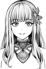 A beautiful girl, featuring decorations and costumes, doodle, coloring book. Vector illustration