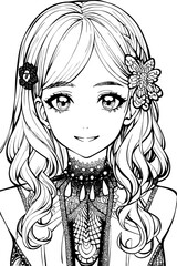 A beautiful girl, featuring decorations and costumes, doodle, coloring book. Vector illustration