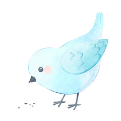 Cute watercolor bird eats, cartoon white dove pecking at grains