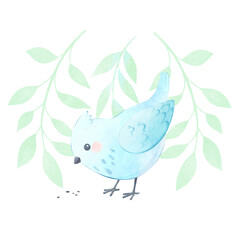 Cute bird with crest on branches background, cartoon white bird eating while pecking grains. Watercolor illustration, children's character design. 