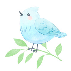 Cute watercolor bird with crest, cartoon white bird sings on a green branch