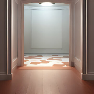 Minimalistic hallway interior at night with strings of light. beige color of design, painted wall, wallpaper, mockup for placing product. Realistic concept art. Cartoon digital painting. Generative AI
