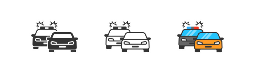 Polace chasing a car icon on light background. Patrol symbol. Trap, officer, cop, arrest, car insurance, carjaking. Outline, flat and colored style. Flat design. Vector illustration.