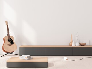 Modern interior with bureau or tv console mockup, acoustic guitar, 3d rendering