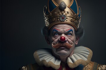 Fictional Clown with Golden Crown and Handsome Mustache with Nostalgic Expression Generated by AI