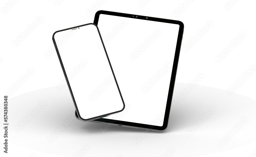 Poster blank screen realistic tablet frame, rotated position, side view, top view. the tablet is at differe