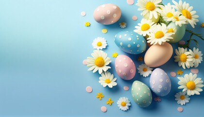 Fototapeta na wymiar Happy Easter! Colorful Easter eggs and daisies on a pastel background. Decoration concept for greetings and presents on Easter Day celebrate the time. Generative AI
