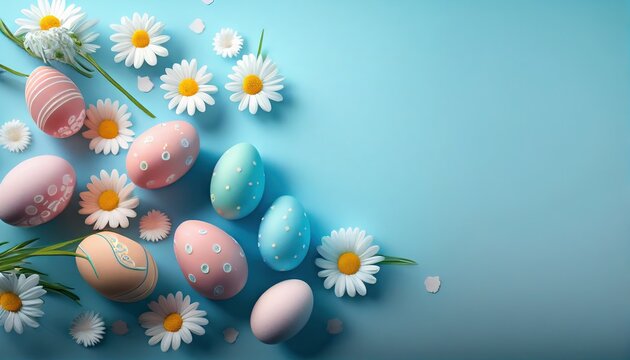 Happy Easter! Colorful Easter eggs and daisies on a pastel background. Decoration concept for greetings and presents on Easter Day celebrate the time. Generative AI