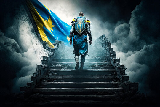 Ukrainian soldier with flag of Ukraine walking stairway to Heaven. Hero soldier ascending to paradise. Ai generative