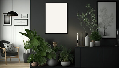 Mock-up poster frame in modern black home interior, Scandinavian interior