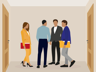 Three men and one woman in business suits are talking in a room with two closed doors