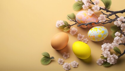 Happy Easter! Colorful Easter eggs and sakura sprig on a pastel background. Decoration concept for greetings and presents on Easter Day celebrate the time. Generative AI