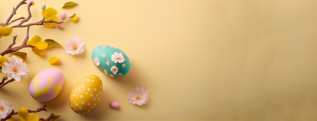 Happy Easter! Colorful Easter eggs and sakura sprig on a pastel background. Decoration concept for greetings and presents on Easter Day celebrate the time. Generative AI