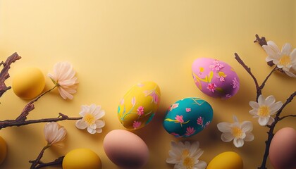 Happy Easter! Colorful Easter eggs and sakura sprig on a pastel background. Decoration concept for greetings and presents on Easter Day celebrate the time. Generative AI