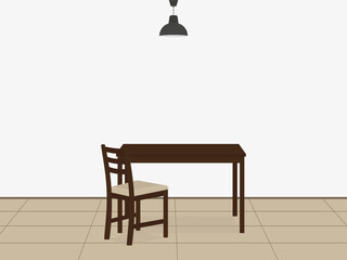 Empty table, chair and ceiling lamp indoors
