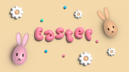 Easter eggs bunnies and flowers banner, colorful easter decoration, 3d illustration easter