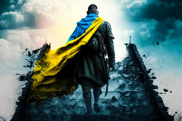 Ukrainian soldier with flag of Ukraine walking stairway to Heaven. Hero soldier ascending to paradise. Ai generative