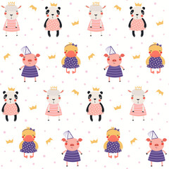 Cute animal girls, little princesses seamless pattern on a white background. Hand drawn vector illustration. Scandinavian style flat design. Concept kids textile, fashion print, wallpaper, package.