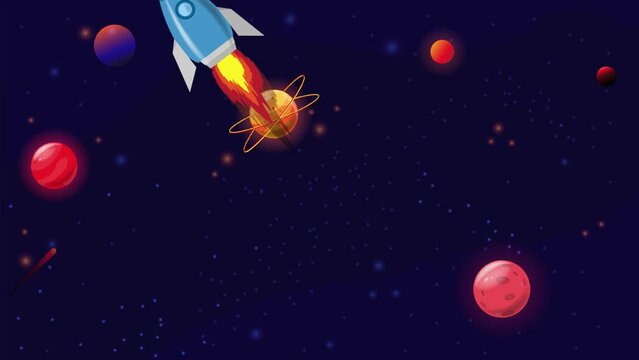 Simple flat cartoon animation of outer space, travel through the universe. Rocket and rockets fly in space
