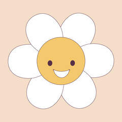 Retro 70s Groovy Hippie sticker daisy flower. Psychedelic cartoon element -funky illustration in vintage hippy style. Vector flat illustration for banner, flyer, invitation, card.