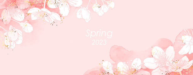 Fototapeta na wymiar Luxury abstract art botanical composition. Spring minimal design in pink, white and golden shades. Watercolor flowers, plants, leaves, sakura. Cherry blossoms.