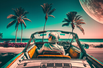 Fototapeta na wymiar Astronaut in an old vintage convertible on the beach, back view, ai generated art