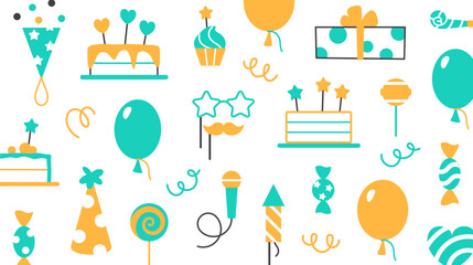 Party store business card cover template. Event service visit card design. Minimal abstract color celebrating flat elements for birthday carnival festival. Fun muffin cake balloon vector illustration.