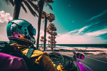 Astronaut in a sports convertible on the beach, back view, ai generated art - obrazy, fototapety, plakaty