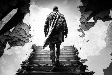 Ukrainian soldier with flag of Ukraine walking stairway to Heaven. Hero soldier ascending to paradise. Ai generative
