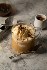 Affogato Italian dessert, coffee and ice cream in glass mug.