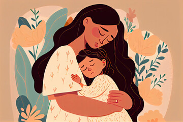 Young Latinos mother hugging her baby with care and love while he sleeps. Mother’s Day. Mothering Sunday