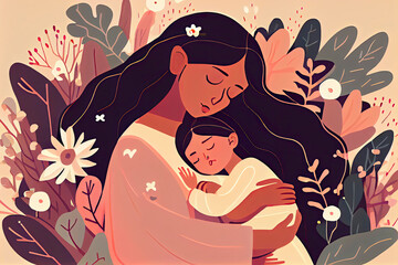 Young Latinos mother hugging her baby with care and love while he sleeps. Mother’s Day. Mothering Sunday