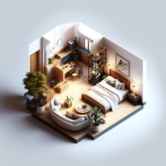 In isometric bedroom architecture, careful design of interior layout, furniture, perspective, GENERATIVE AI